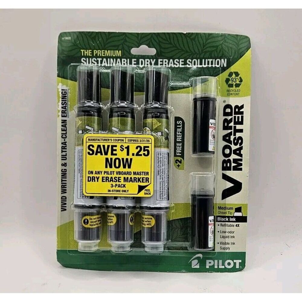 Pilot V Board Master Dry Erase Whiteboard Markers Black Pack of 3 / 2‎ Refills